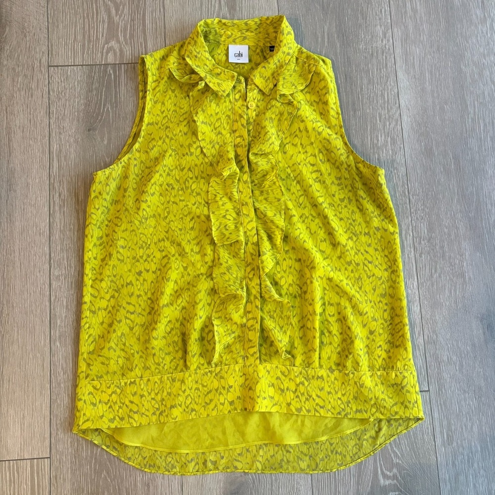Cabi Style 3071 Womens Chartreuse‎ Yellow Ruffle Hi Low Reign Blouse Top Size S